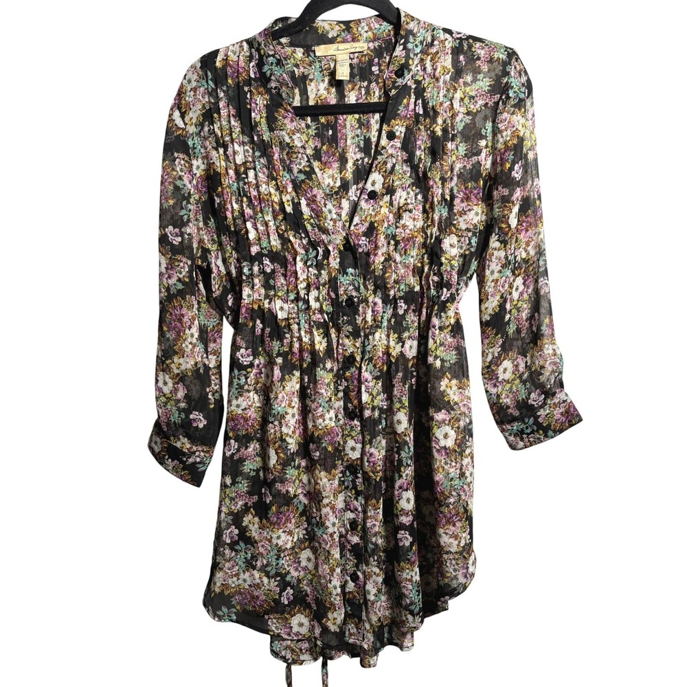 Whimsigoth Sheer Floral Black Mini Dress Tunic Pleated Waist‎ Tie V Neck Fairy S